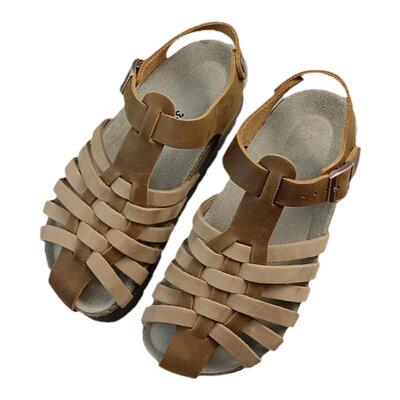 岛外DAOWAI勃肯鞋厚底罗马凉鞋编织头层牛皮复古时尚舒适平底女鞋