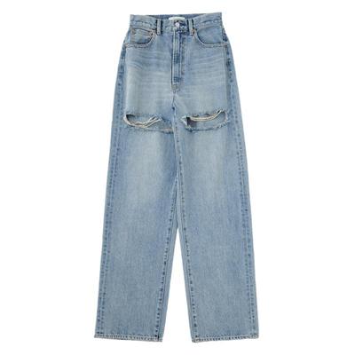 moussy宽松直筒高腰破洞牛仔裤