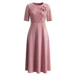 马天奴2026春夏新款刺绣花朵短袖收腰连衣裙子长裙礼裙婚庆宴会女