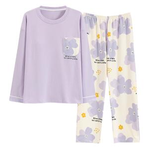 帕兰朵2024新款睡衣女士春秋季纯棉长袖防凸点带胸垫一体式家居服