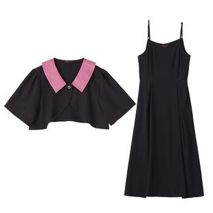 大码女装两件套装夏季新款长款吊带连衣裙显瘦胖mm短袖披肩小外套