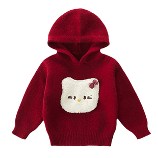 女童毛衣冬季2025新款洋气灰色连帽针织衫外穿加厚红色小猫打底衫