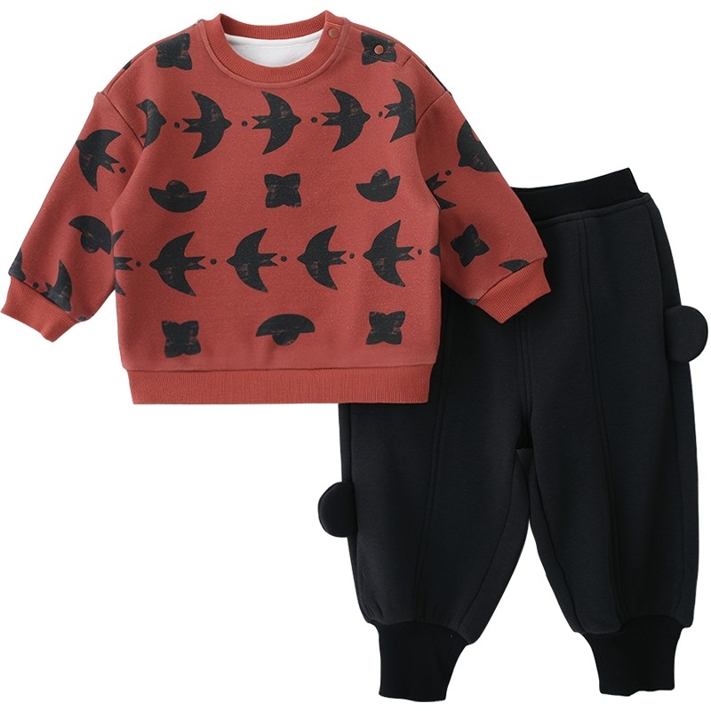 宝宝加绒卫衣套装秋冬季女童加厚保暖冬装男宝周岁礼服儿童新年服