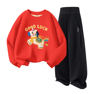 雅鹿女童冬装套装儿童红色过年服儿童加绒卫衣裤子男童马年拜年服