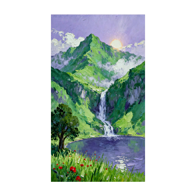 可班手绘油画青山瀑布山水装饰画