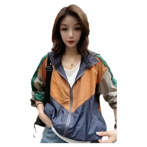 拼接立领防晒服冲锋衣女款夏季欧货撞色拉链连帽防晒衣开衫薄外套