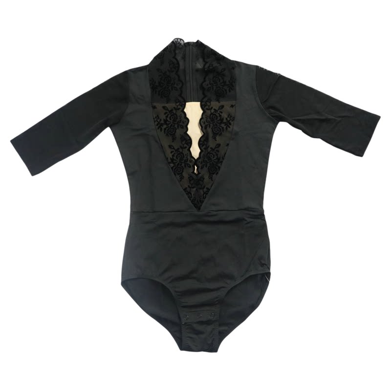 长袖丝绒走秀练功服高领导师舞蹈形体服女开档形体服深V训练套装
