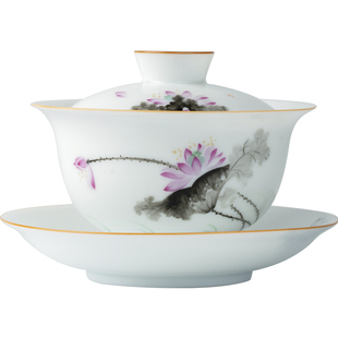 三勤堂粉彩荷花功夫茶具套组公道杯家用办公中式三才盖碗品茗杯