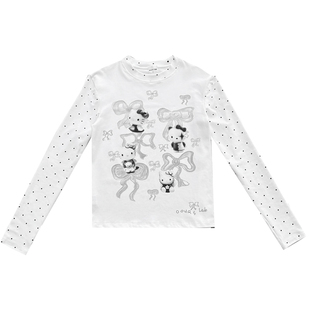 OOURSLAB 蝴蝶结kitty印花长袖T恤女白色波点上衣25秋冬打底内搭