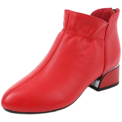 短靴婚鞋真皮粗跟踝靴橡胶底