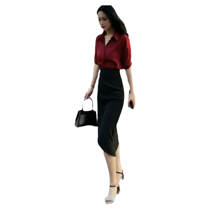 网红爆款时尚两件套裙女2025夏装新款气质衬衫显瘦短袖+开叉长裙