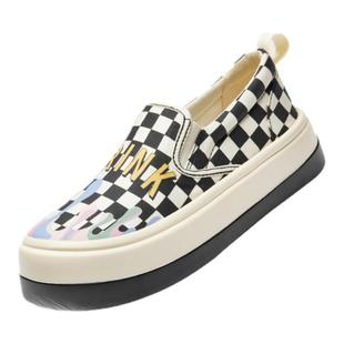 jm快乐玛丽布鞋2023春季新款涂鸦方格女一脚蹬懒人休闲小众乐福鞋