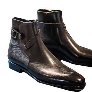 固伦新款焦特布尔靴固特异手工沿条皮底黑色乘船皮收腰琴底铁片