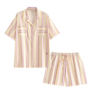 悦内睡衣女款夏季莫代尔短袖短裤冰丝家居服夏天休闲横竖条纹开衫