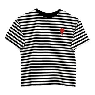 儿童短袖t恤女童夏季宽松条纹打底衫中大童爱心黑白横条少女上衣