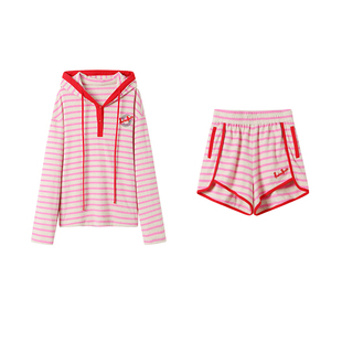 ANDREA MARTIN 秋新款两撞色条纹logo连帽卫衣高腰短裤套装