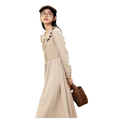 紫涵法式文艺风波浪领连衣裙女春秋季新款亲肤高腰A字中长款裙子