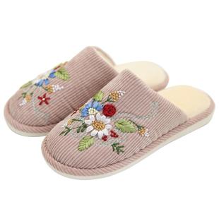 指间手工刺绣丝带绣灯芯绒情侣棉拖冬季保暖室内家居厚底防滑拖鞋