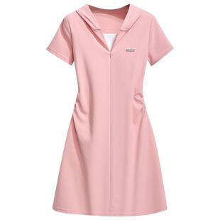 蓝色连帽短袖T恤连衣裙女2026夏季新款休闲包臀短款假两件收腰A字