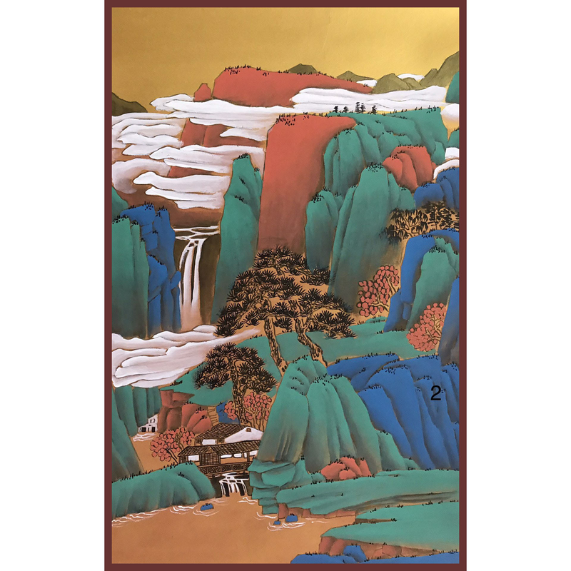 手绘中式国画山水风景装饰画瀑布松树山石房屋彩绘挂画客厅装饰画