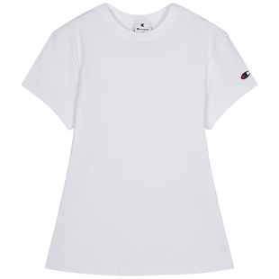Champion冠军修身短袖T恤女2025夏季新款简约竖坑条纹正肩上衣潮