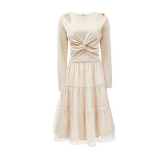 oq区绫致ONLY2024秋冬季通勤气质收腰U领欧根纱套装连衣裙女潮