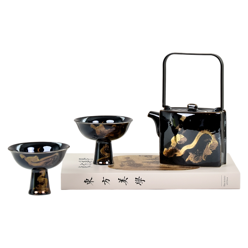 新中式轻奢茶具套装陶瓷金边装饰摆件书房茶几托盘高端艺术品摆设