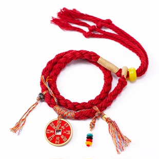 武当山朱砂山鬼花钱手绳饰品情侣编织手链本命年文创男女生日礼物
