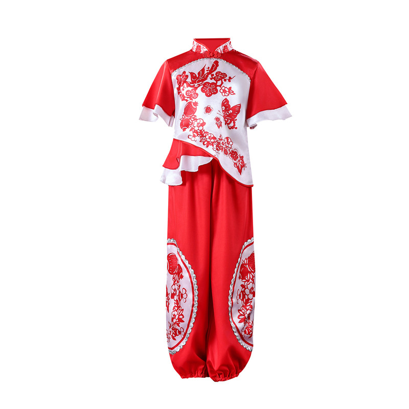 六一新款儿童秧歌舞蹈演出服男女红色喜庆打鼓服开门红扇子表演服