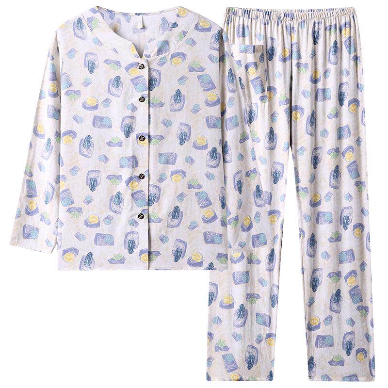 中老年人睡衣女士夏季奶奶棉绸长袖家居服妈妈开衫绵绸套装可外穿