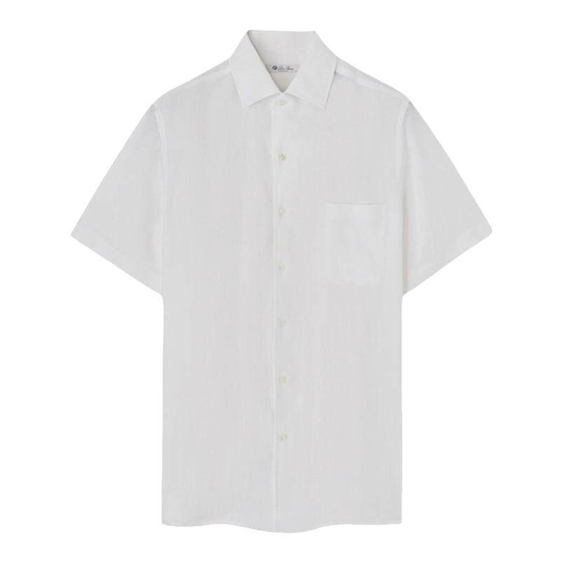Loro Piana/诺悠翩雅男装夏季新款白色亚麻帆布宽松短袖休闲衬衫