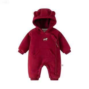 Oak mont婴儿衣服冬装新生儿宝宝连体衣加绒加厚哈衣红色拜年爬服