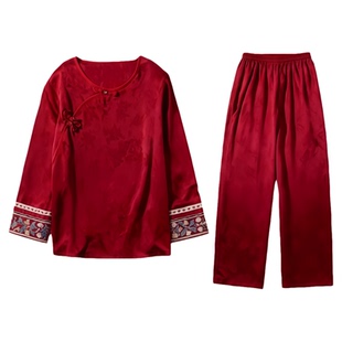 新中式风红色丝绸真丝睡衣红色本命年印花缎面刺绣送妈妈礼盒装