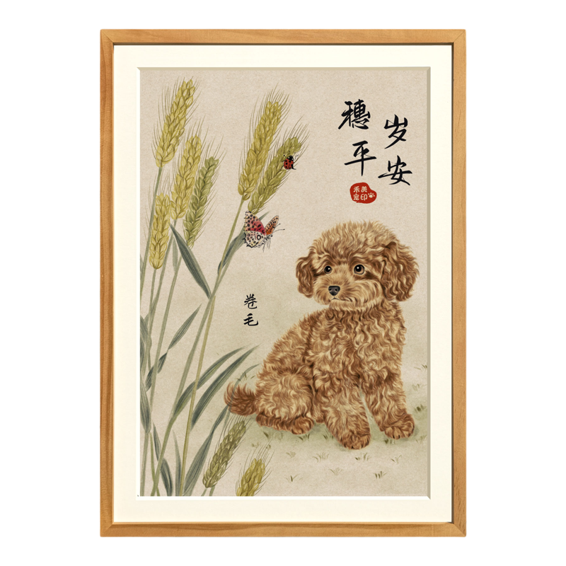 定制手绘宠物画像猫狗国画工笔画高品质实木画框入户玄关装饰画