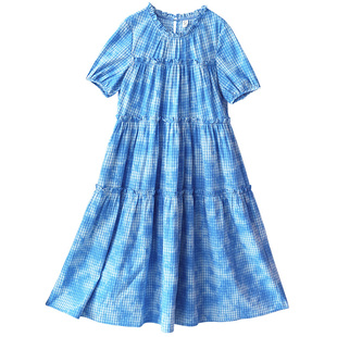 7折【泉水叮咚】复古蓝白方格子连衣裙木耳领拼接长裙女夏季裙子