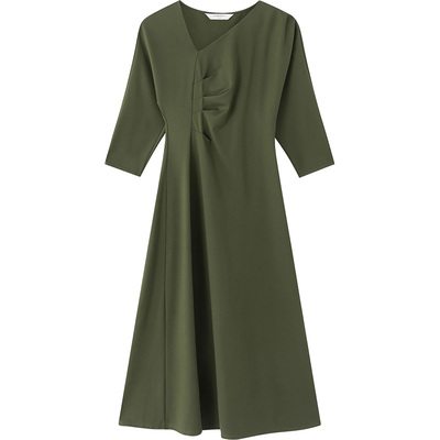 LK BENNETT深绿色连衣裙女2025年秋新款不规则领七分袖褶裥中长款