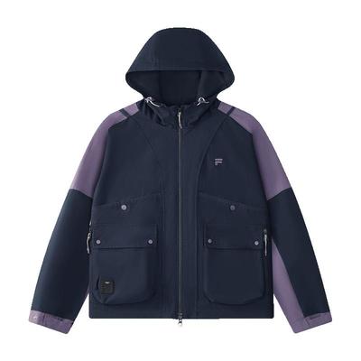 FILA FUSION斐乐潮牌梭织外套女2025冬新款休闲宽松拼色连帽外套