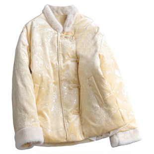 新中式国风毛毛亮片刺绣丝绒宽松加厚保暖外套长袖女羽绒服M967