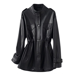海宁皮衣女中长款黑色立领系带收腰皮夹克春秋新款气质绵羊皮外套