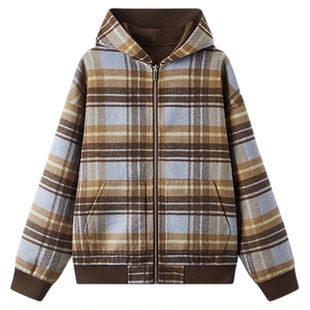 商场同款|森马毛呢外套男冬格纹双面穿2025新款情侣韩系连帽上衣