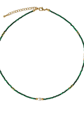 祖母绿孔雀石珍珠极细钻切项链