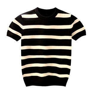 夏季新款修身针织衫上衣圆领t恤男 休闲复古拼色黑白条纹男士短袖