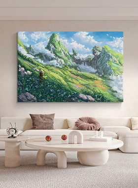 美式山间云海手绘油画客厅抽象绿色风景装饰画壁画玄关治愈系挂画