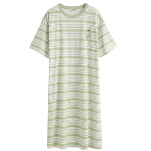 康妮雅睡裙夏季女款2026新款条纹纯棉短袖居家服宽松休闲大码睡衣