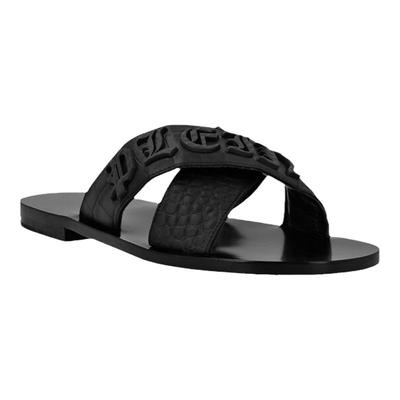 PhilippPlein男鞋夏季休闲黑色小牛皮交叉鞋面平底凉拖鞋