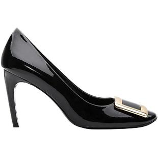 2025早春四季新款浅口漆皮细跟金属rv方扣黑色圆头名媛高跟女单鞋