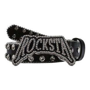 ROCKSTAGIRLS女款黑色纯牛皮朋克风水钻链条铆钉皮带腰带