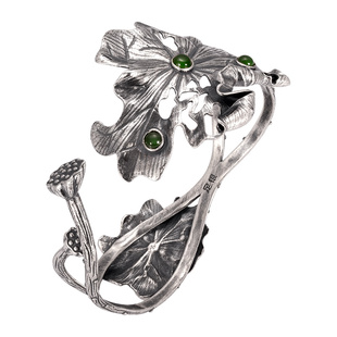 两世欢99足银手镯非遗錾刻镶碧玉新中式设计师款莲花莲叶纯银手环