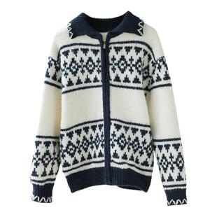 新年复古羊毛2024冬季女费尔岛翻领厚重毛衣撞色提花针织开衫外套