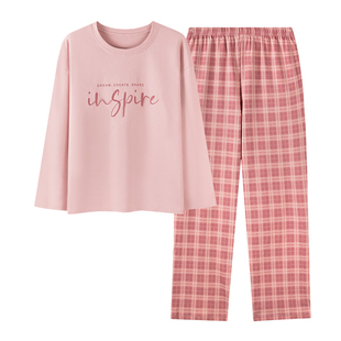 卡之恋睡衣女款秋季带胸垫长袖T恤粉色长裤纯棉布料100全棉家居服